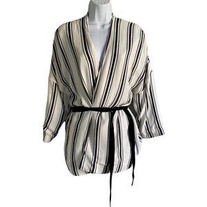 H&M White and Grey Striped Wrap Top Black Tie Belt Womens Small